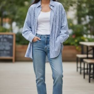 Blue And White Button Down Pin Striped Shirt XXL